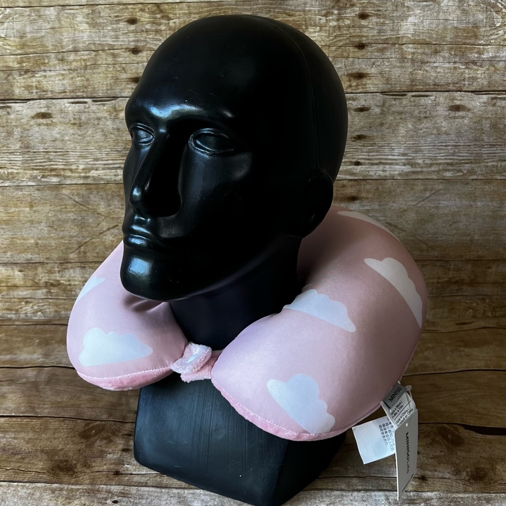 Miniso Life Pink Cloud Print Travel Neck Pillow Snap Closure‎ NWT